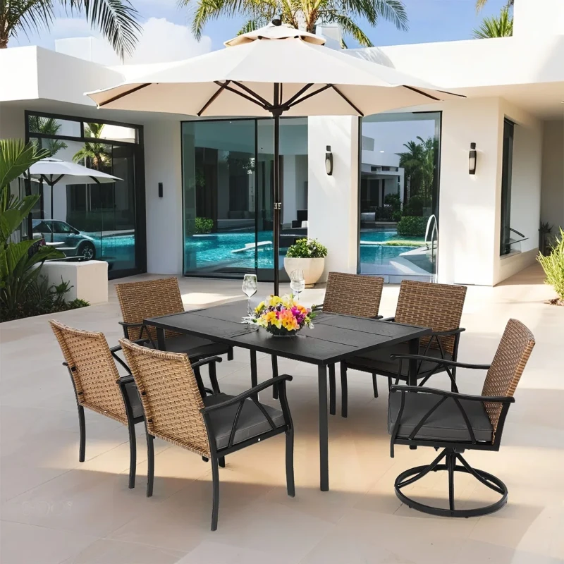 7-Piece Patio Dining Set with Swivel Rocker Chairs, Cushioned Seats, Steel Table Top with Umbrella Hole, Outdoor Wicker Furniture, Brown+Gray