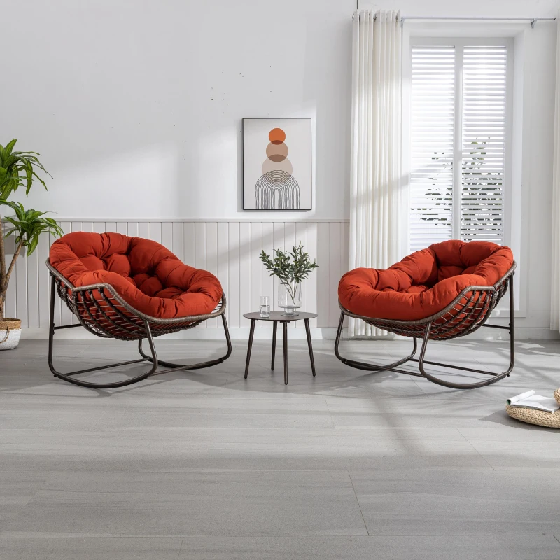 Outdoor Rattan Rocking Chair with Padded Cushion, Hand-Woven Recliner, Ergonomic Design, Steel Frame, 44" L x 37" W x 31.5" H, Orange