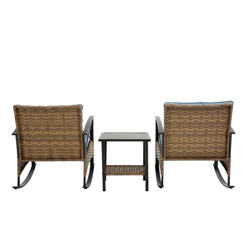 3-Piece Outdoor Rocking Rattan Chair Set with Steel Frame, Durable and Easy to Move, Includes Table, 29" L x 25.5" W x 31" H, Gray