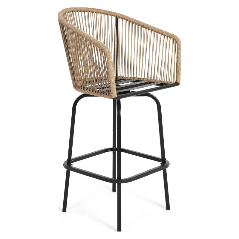 Set of 2 Outdoor Bar Stools with Armrests and Backrest, Steel Frame, All Weather Rattan Bar Chairs with Footrest, 23" L x 17.5" W x 44" H, Gray
