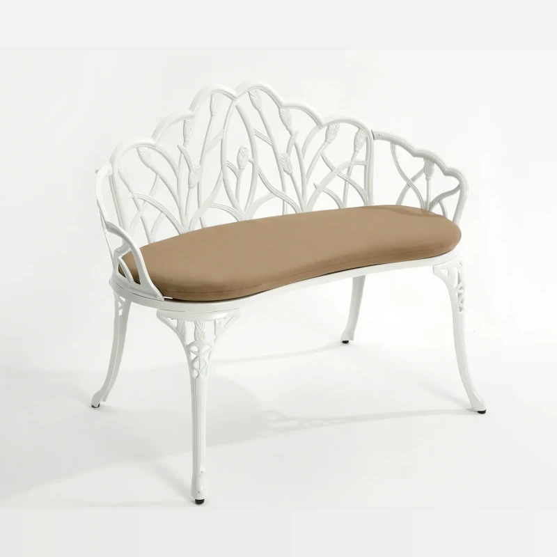 Patio Garden Bench with Floral Tulip Design, Cushion, Ergonomic Outdoor Park Bench with Cast Aluminum Frame, 39" L x 21.5" W x 31" H, White