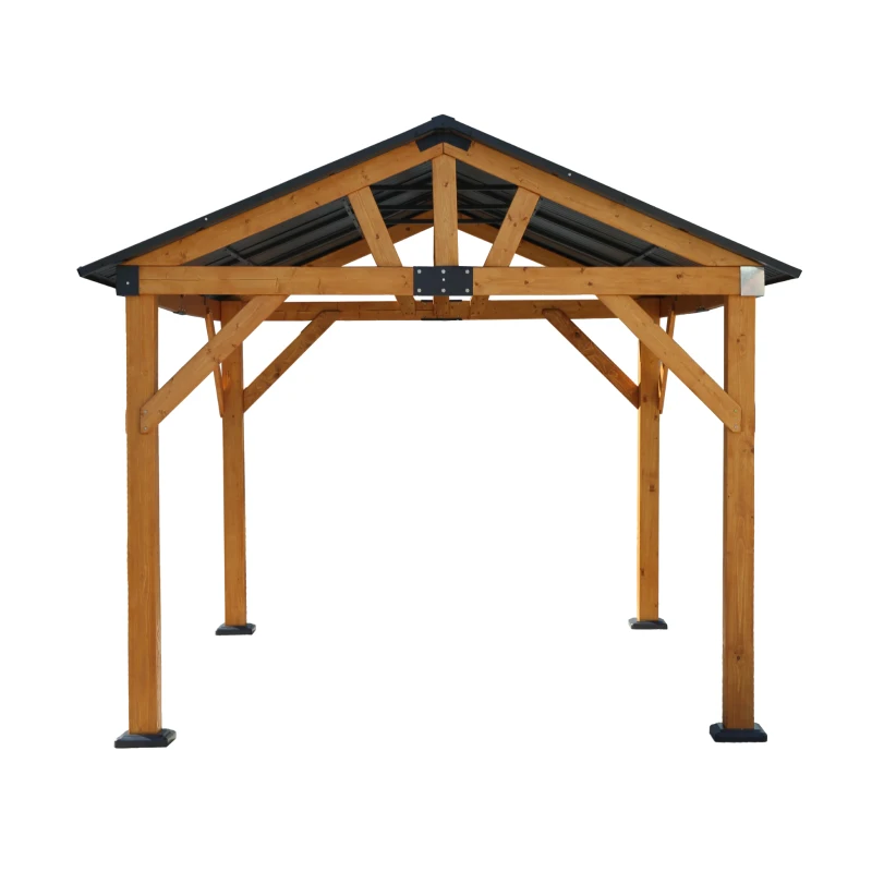 Fir Wood Carport Pavilion Gazebo with Steel Roof, All Weather Protection, Heavy-Duty Wooden Frame, 139" L x 117" W x 104" H, Light Brown