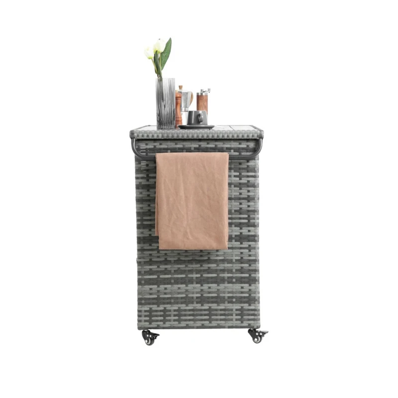 Outdoor Wicker Bar Cart with Wheels, Patio Wine Serving Cart, Rolling Rattan Beverage Bar Counter Table with Glass Top, 51" L x 20" W x 35" H, Aqua Gray