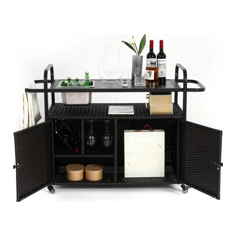 Multifunctional Outdoor Bar Table with Lockable Wheels, Ice Bucket, Side Basket, Wicker Bar Cart with Cabinet, 51.5" L x 19.5" W x 36" H, Black