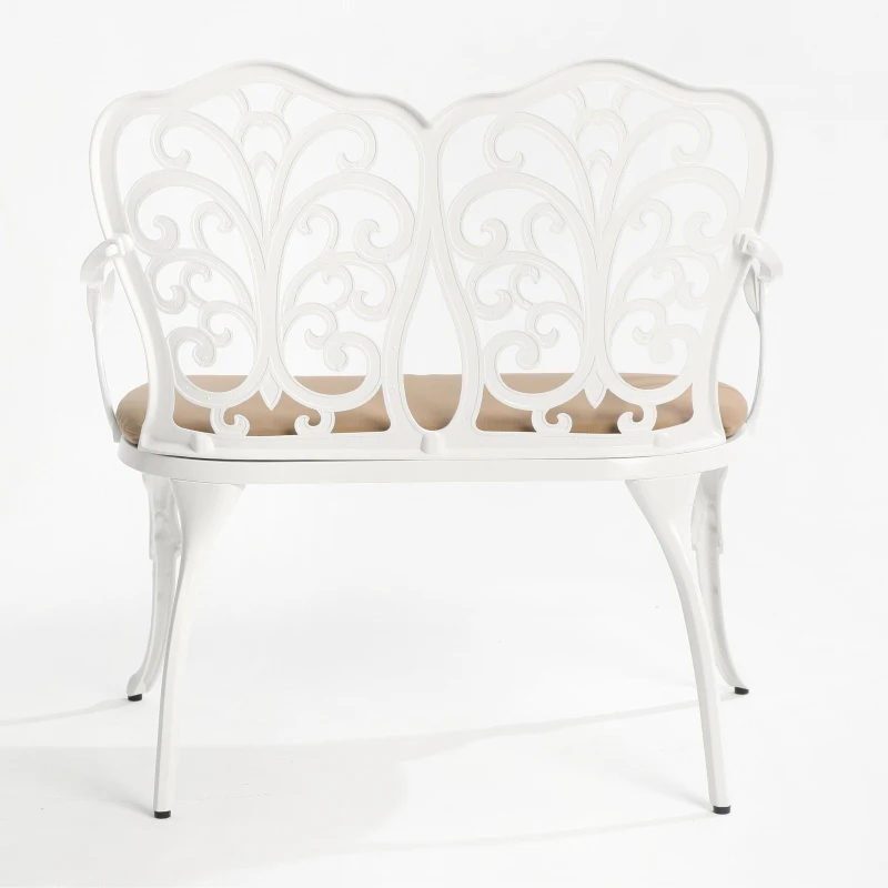 Patio Garden Bench with Floral Rose Design, Seat Cushion, Outdoor Park Bench with Cast Aluminum Frame, 34.5" L x 22.5" W x 34.5" H, White