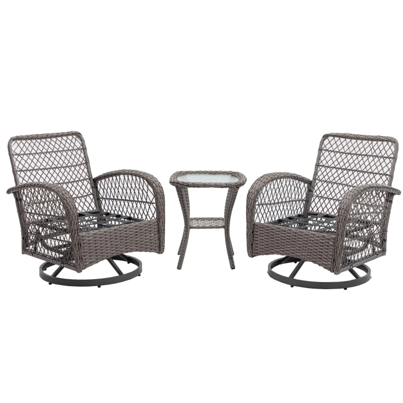 3-Piece Outdoor Swivel Rocker Patio Chairs Set with Tempered Glass Coffee Table, 360° Rocking Conversation Set with Thick Cushions, 29" L x 25" W x 34" H, Grey