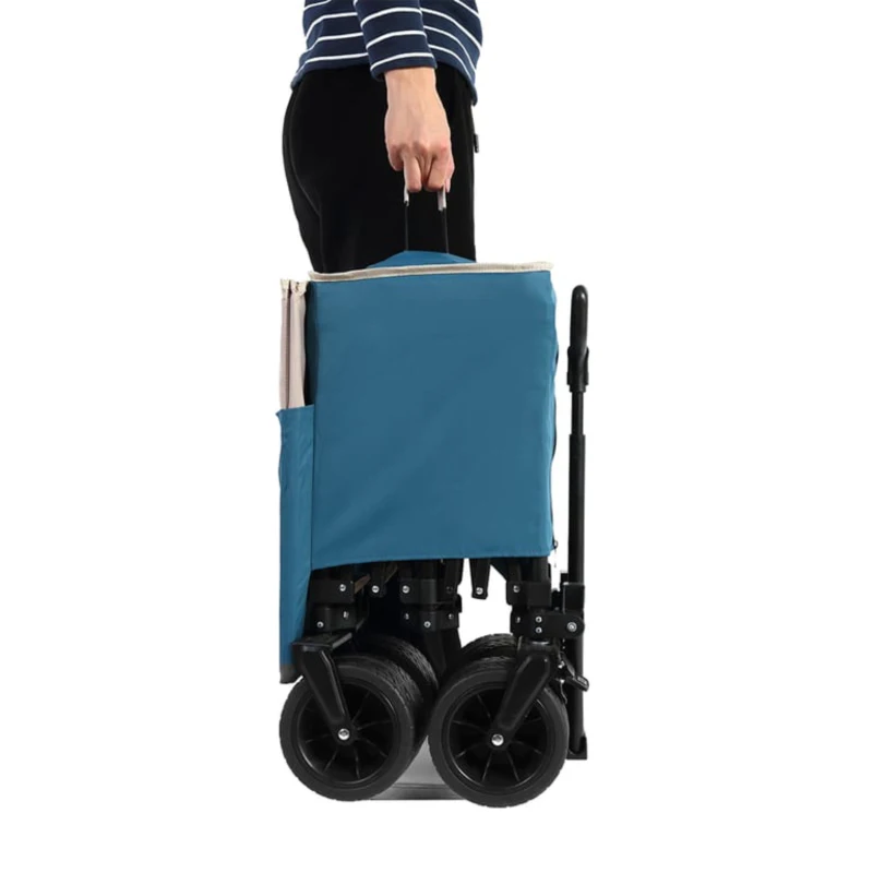 Collapsible Beach Wagon with All-Terrain Wheels, Automatic Rebound Handle, Utility Garden Cart with Drink Holders, 43" L x 21" W x 32.5" H, Blue