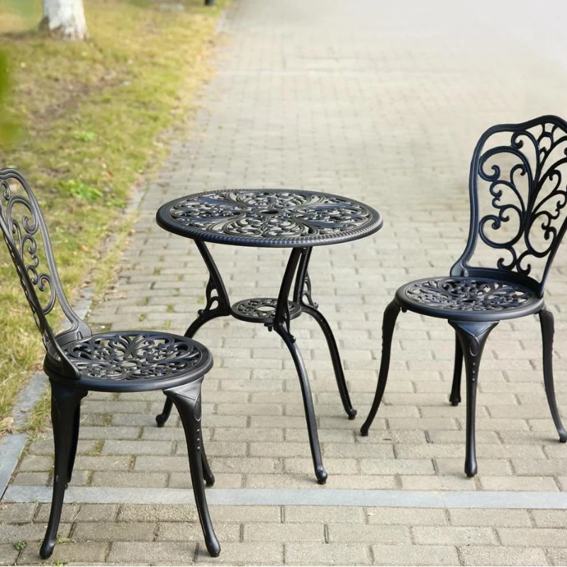 3-Piece Outdoor Patio Bistro Set with Decorative Floral Design, Rust-Resistant Cast Aluminum, Easy Assembly, Ideal for Balconies, Porches, Black