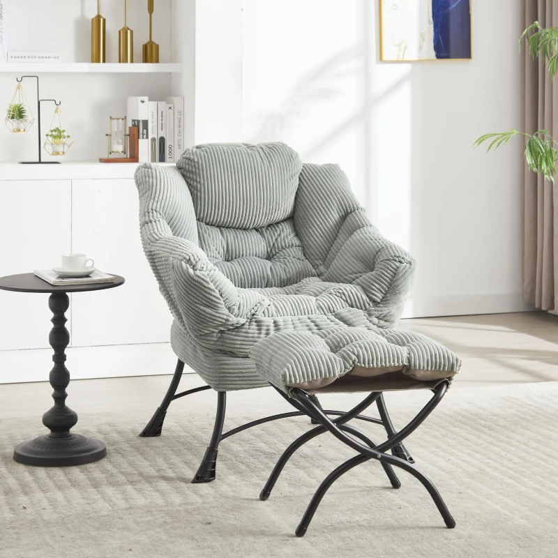 Modern Lounge Accent Chair with Armrests, Side Pocket, Steel Frame, Ergonomic Lazy Chair with Ottoman, 31.5" L x 25" W x 37.5" H, Light Green