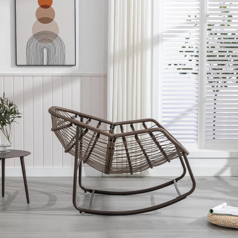 Oversized Outdoor Rattan Rocking Chair with Padded Cushion, Steel Frame, Ergonomic Hand-Woven Recliner, 44" L x 37" W x 31.5" H, Gray