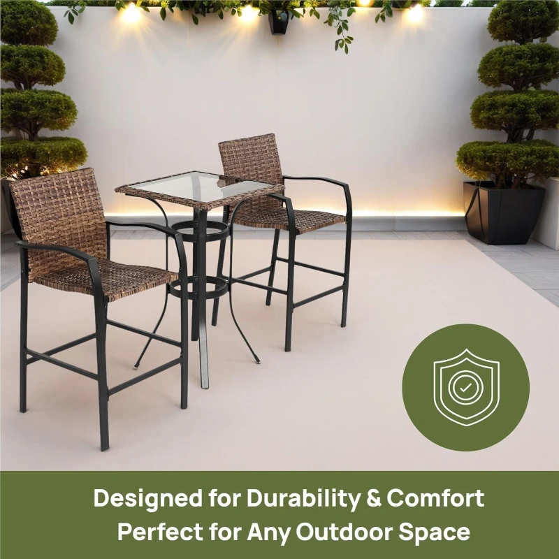 3-Piece Outdoor Bar Stools Set with Rattan Bar Chairs, Glass Table, Steel Frame, Perfect for Backyard, Garden, Pool, Balcony, Deck, Brown