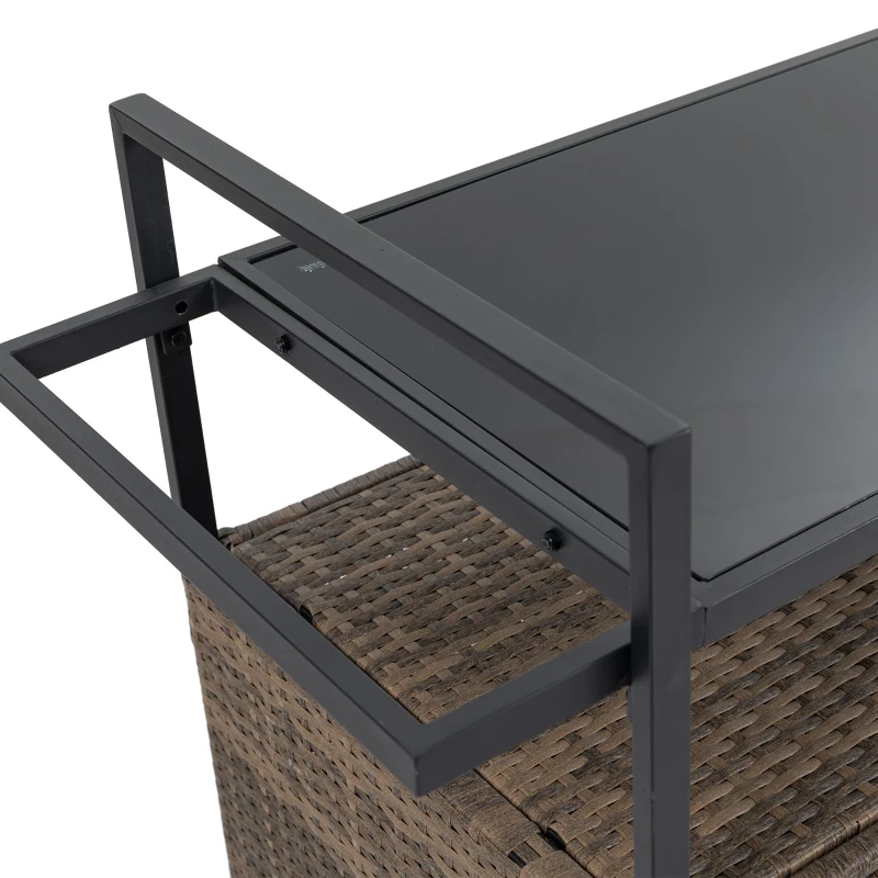 Outdoor Wicker Bar Cart with Wheels, Patio Wine Serving Cart with Glass Top and Storage Cabinet, 51" L x 20" W x 35.5" H, Light Brown