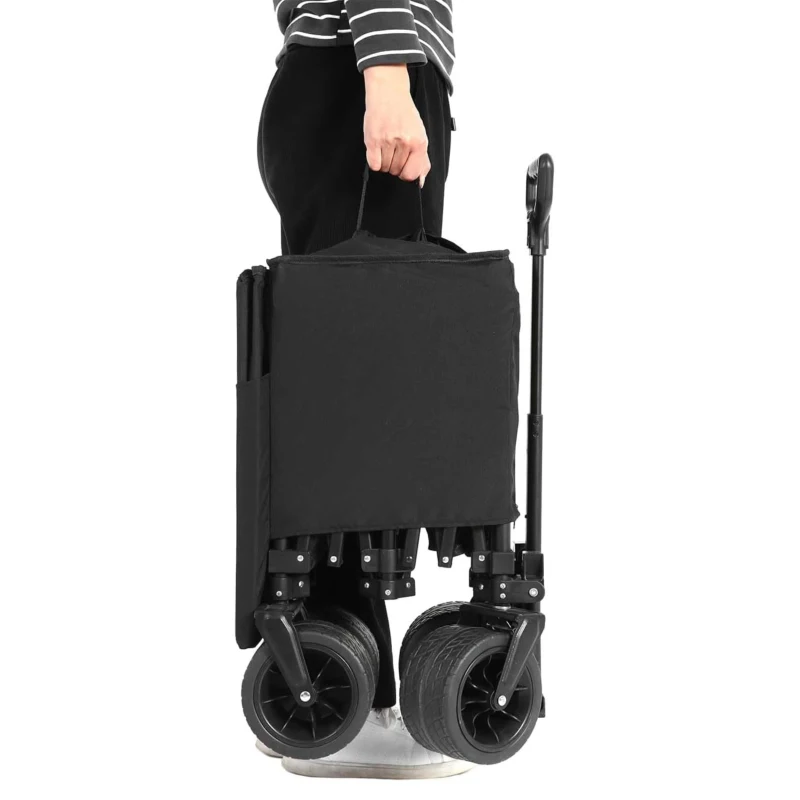 Collapsible Beach Wagon with All-Terrain Wheels, Heavy Duty 300L Folding Utility Garden Cart with Drink Holders, 43" L x 21" W x 32.5" H, Black