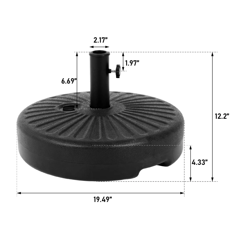 Round Umbrella Base with High-Density Polyethylene Plastic, Fits Various Umbrellas with Adjustable Knobs, 19.5" L x 19.5" W x 12" H, Black