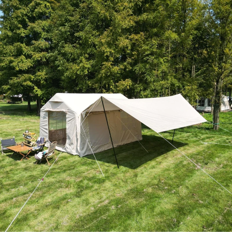 Inflatable Camping Tent with Canopy, Hand Pump, Waterproof and Windproof Air Glamping Tent for 7-8 People, 157.5" L x 118" W x 94.5" H, Beige