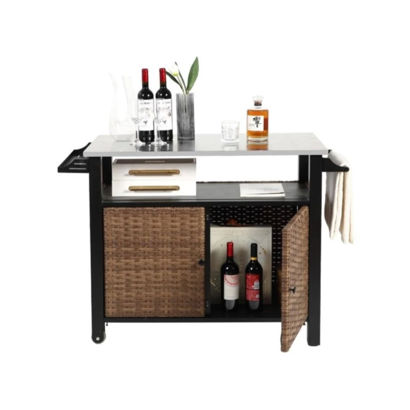 Outdoor Kitchen Wicker Island Rolling Cart with Wheels, Storage Cabinet, Steel Extended Table Top, Side Handle, 47" L x 20" W x 33.5" H, Brown