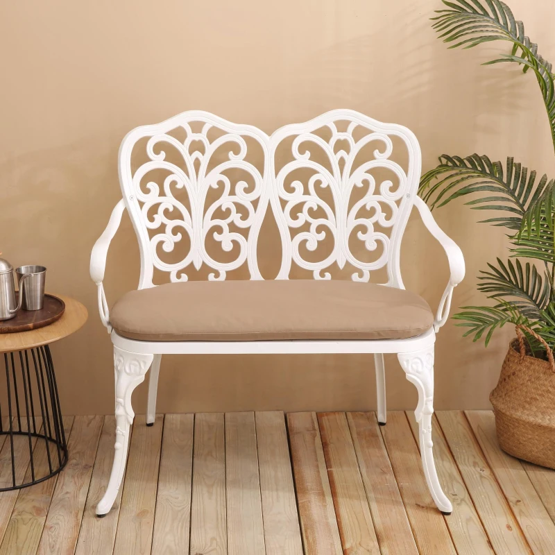 Patio Garden Bench with Floral Rose Design, Seat Cushion, Outdoor Park Bench with Cast Aluminum Frame, 34.5" L x 22.5" W x 34.5" H, White