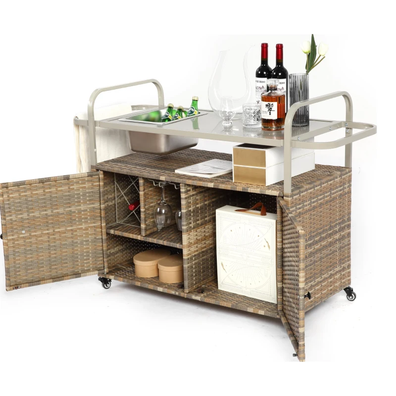 Outdoor Bar Table with Steel Top, Lockable Wheels, Side Basket, Wicker Bar Cart with Cabinet, Rounded Handle, 51.5" L x 19.5" W x 36" H, Beige