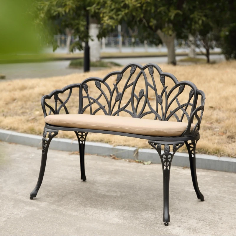 Patio Garden Bench with Floral Tulip Design, Ergonomic Backrest, Elegant Outdoor Park Bench for Lawn, Yard, 39" L x 21.5" W x 31" H, Black