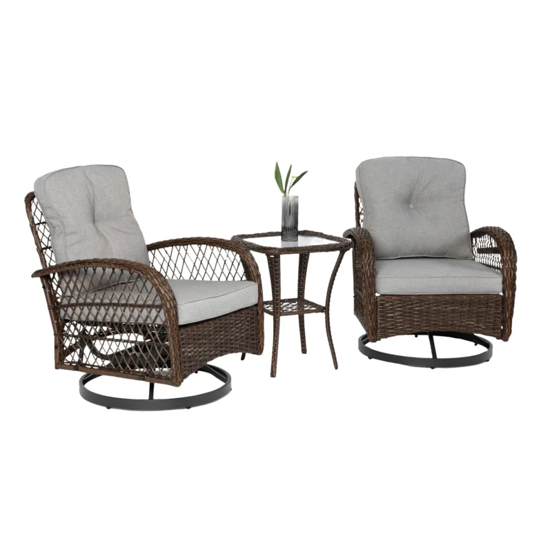 3-Piece Outdoor Swivel Rocker Patio Chairs Set with Cushions, Tempered Glass Table, 360° Rocking Conversation Set with Steel Frame, Grey