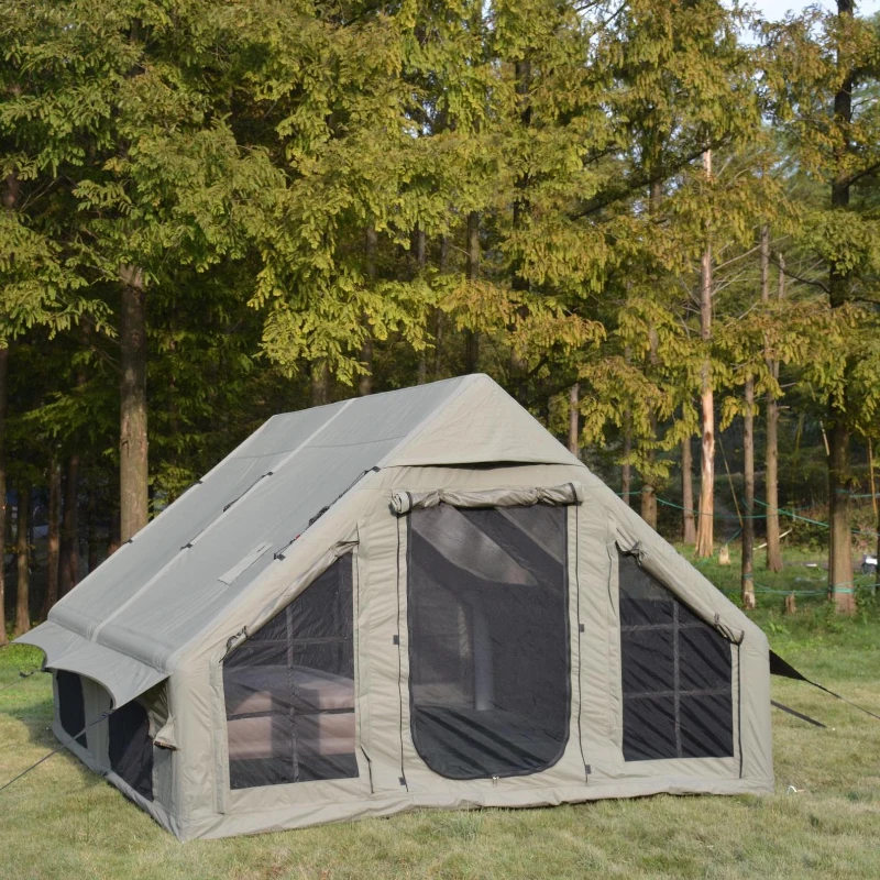 Inflatable Camping Tent with Hand Pump, Mesh and Chimney Window, Windproof Oxford Cabin Tent, 157.5" L x 118" W x 79" H, Army Green