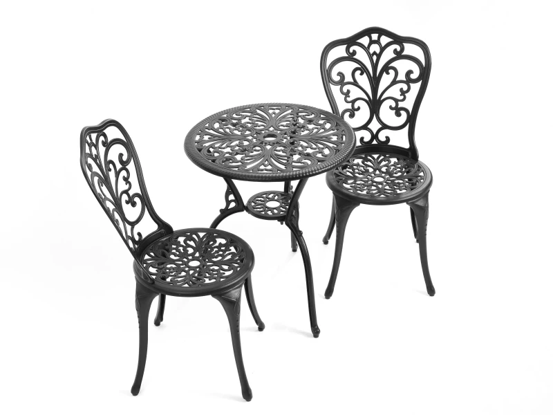 3-Piece Outdoor Patio Bistro Set with Decorative Floral Design, Rust-Resistant Cast Aluminum, Easy Assembly, Ideal for Balconies, Porches, Black