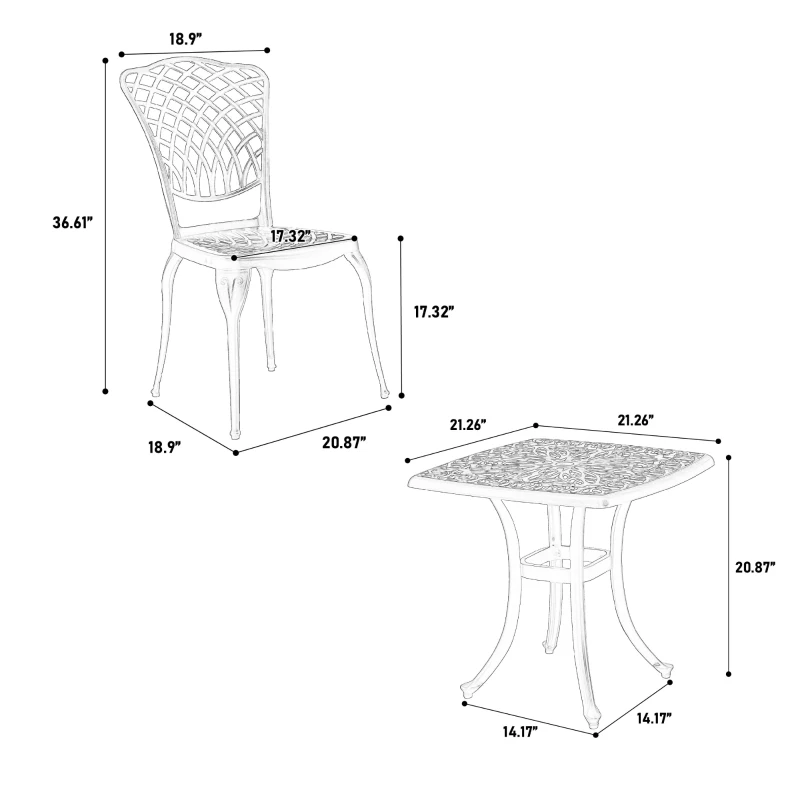 3-Piece Bistro Set with 2 Chairs and 1 Round Table, Adjustable Foot Caps, Classical Design, Rustproof Cast Aluminum Patio Furniture, White