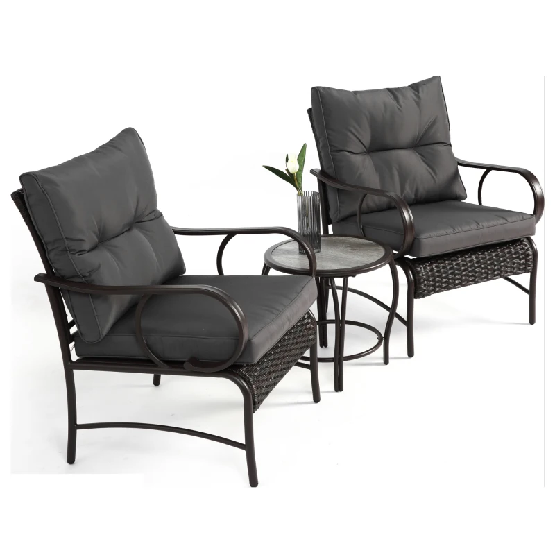 3-Piece Outdoor Wicker Furniture with Modern Chairs, Coffee Table, Steel Frame, Weather-Resistant Patio Set with PE Wicker, Brown+Gray