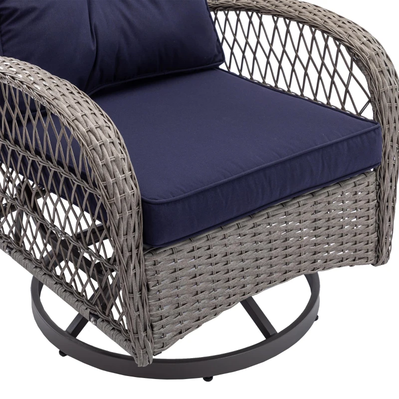 3-Piece Outdoor Swivel Rocker Patio Chairs Set with Tempered Glass Coffee Table, 360° Rocking Conversation Set with Thick Cushions, 29" L x 25" W x 34" H, Navy Blue