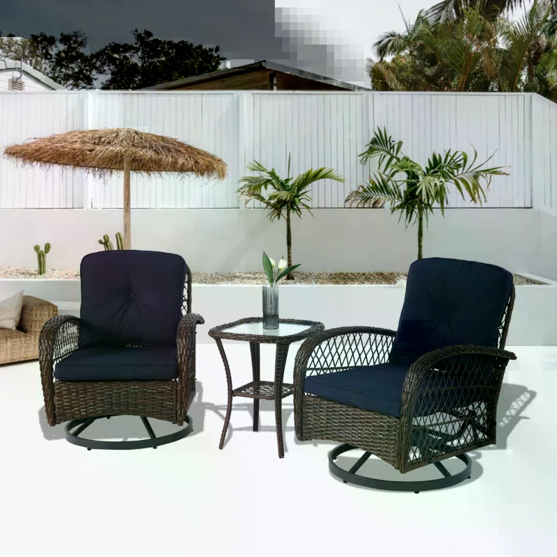 3-Piece Outdoor Swivel Rocker Patio Chairs Set with Cushions, Tempered Glass Table, 360° Rocking Conversation Set with Steel Frame, Navy Blue