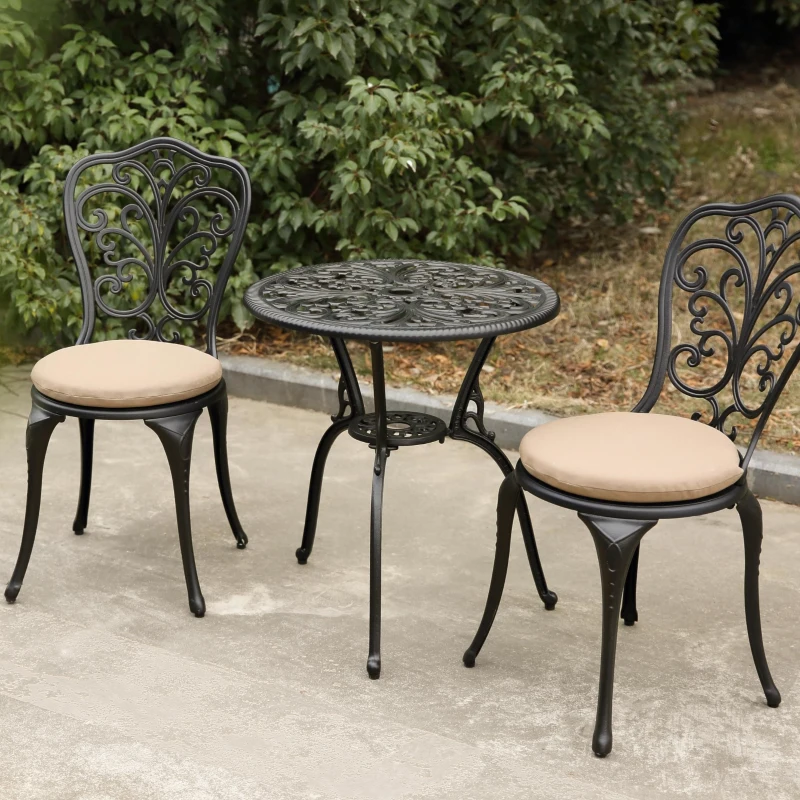 3-Piece Outdoor Rust-Resistant Patio Bistro Set with Cushions, Cast Aluminum Frame, Decorative Floral Design, 16.5" L x 16" W x 34.5" H, Black