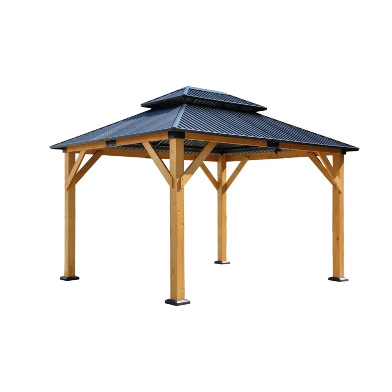 Fir Wood Carport Pavilion Gazebo with Double Roof, Netting for Patio, Wooden Coated Steel Frame Canopy, 142" L x 116" W x 116" H, Light Brown