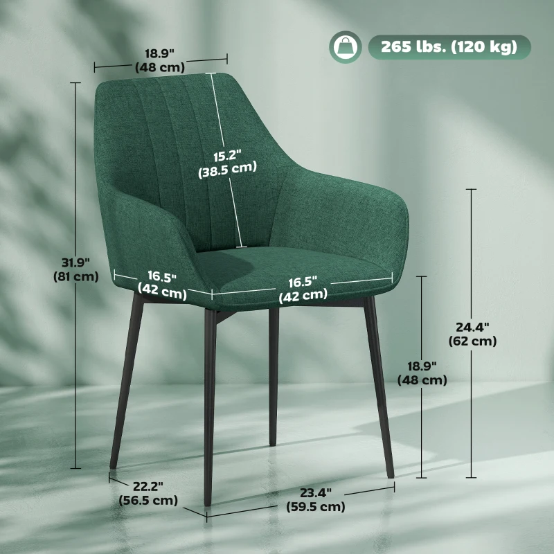 HOMCOM Dining Chairs Set of 2, Upholstered Linen Fabric Accent Chairs with Metal Legs, Dark Green