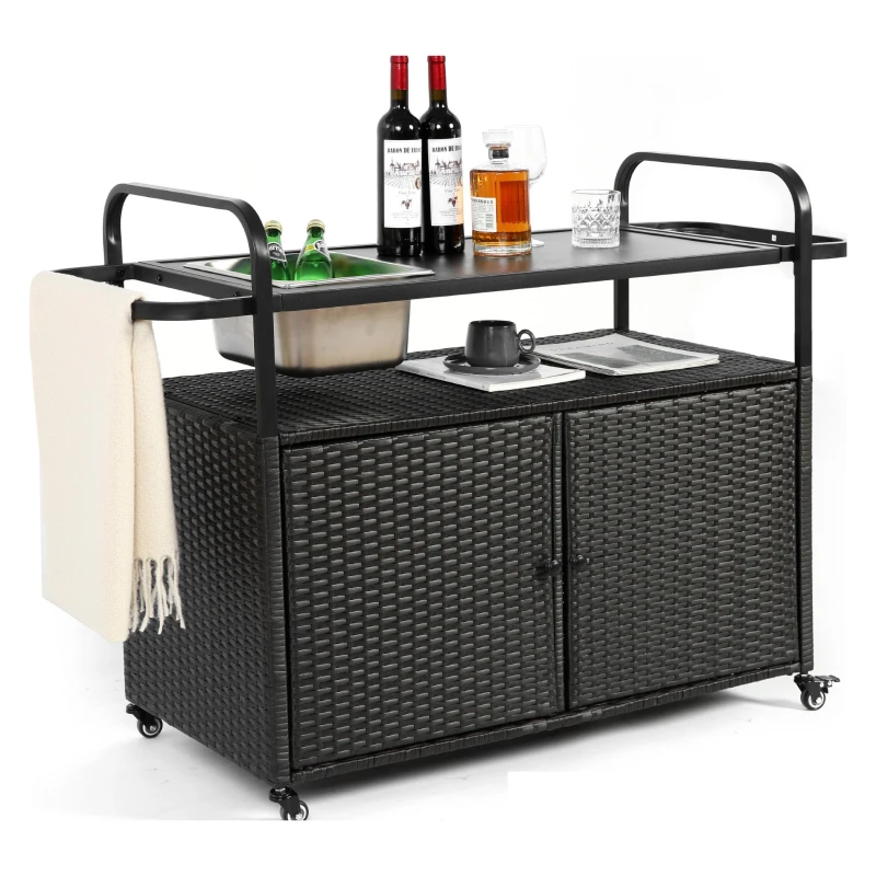 Multifunctional Outdoor Bar Table with Lockable Wheels, Ice Bucket, Side Basket, Wicker Bar Cart with Cabinet, 51.5" L x 19.5" W x 36" H, Black
