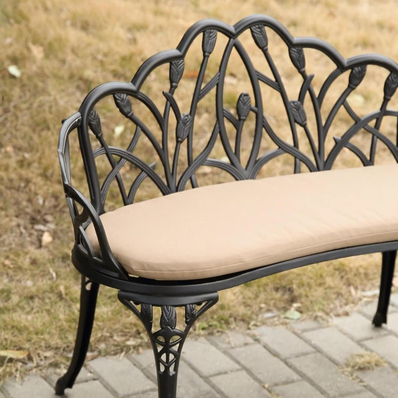 Patio Garden Bench with Floral Tulip Design, Ergonomic Backrest, Elegant Outdoor Park Bench for Lawn, Yard, 39" L x 21.5" W x 31" H, Black