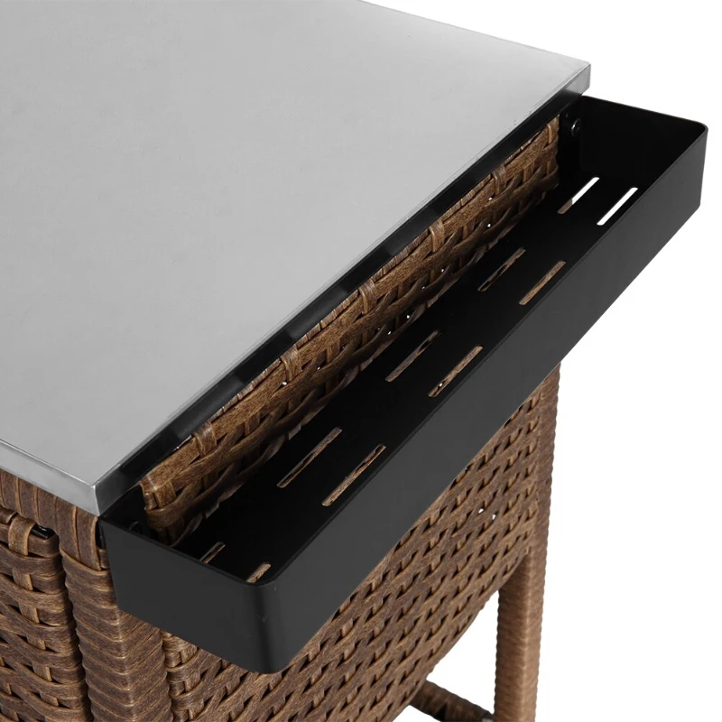 Outdoor Wicker Bar Cart with Wheels, Expandable Shelf, Rolling Rattan Beverage Bar Counter Table with Glass Top, 47" L x 20" W x 35" H, Brown