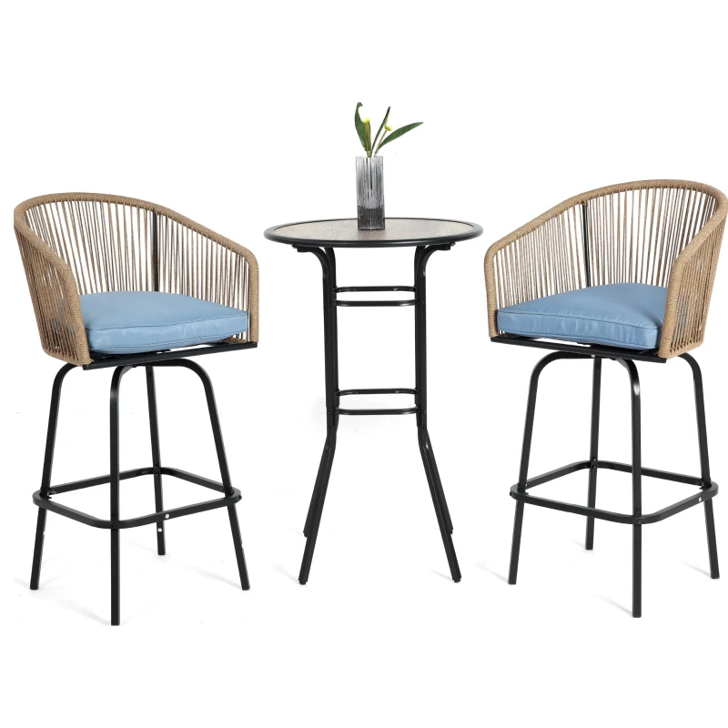 3-Piece Outdoor Bar Set with Ecoating Technology, Innovative Sling Fabric, Patio Bar Table and Swivel Chairs Set with DPC Wood-Like Table Top, Blue