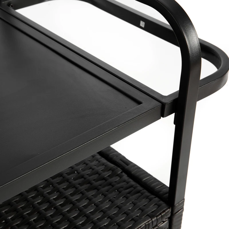Multifunctional Outdoor Bar Table with Lockable Wheels, Ice Bucket, Side Basket, Wicker Bar Cart with Cabinet, 51.5" L x 19.5" W x 36" H, Black