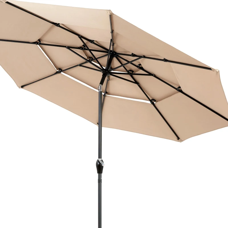 10ft 3-Tier Auto-Tilt Patio Umbrella with Aluminum Frame, Outdoor Market Table Umbrella with Crank System, 116" L x 116" W x 98.5" H, Khaki