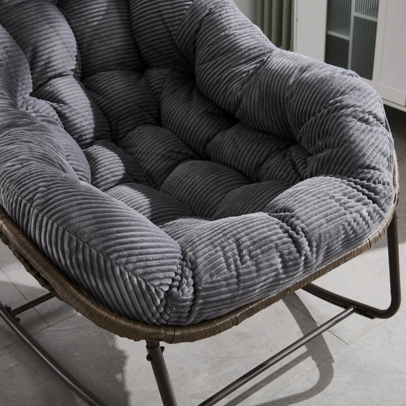 Oversized Outdoor Rattan Rocking Chair with Padded Cushion, Steel Frame, Ergonomic Hand-Woven Recliner, 44" L x 37" W x 31.5" H, Gray