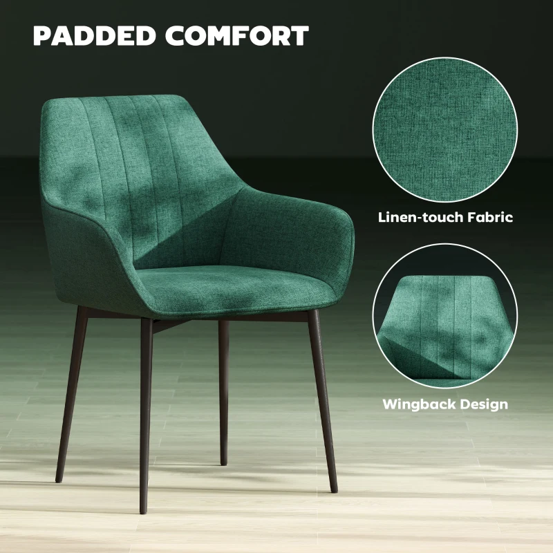 HOMCOM Dining Chairs Set of 2, Upholstered Linen Fabric Accent Chairs with Metal Legs, Dark Green