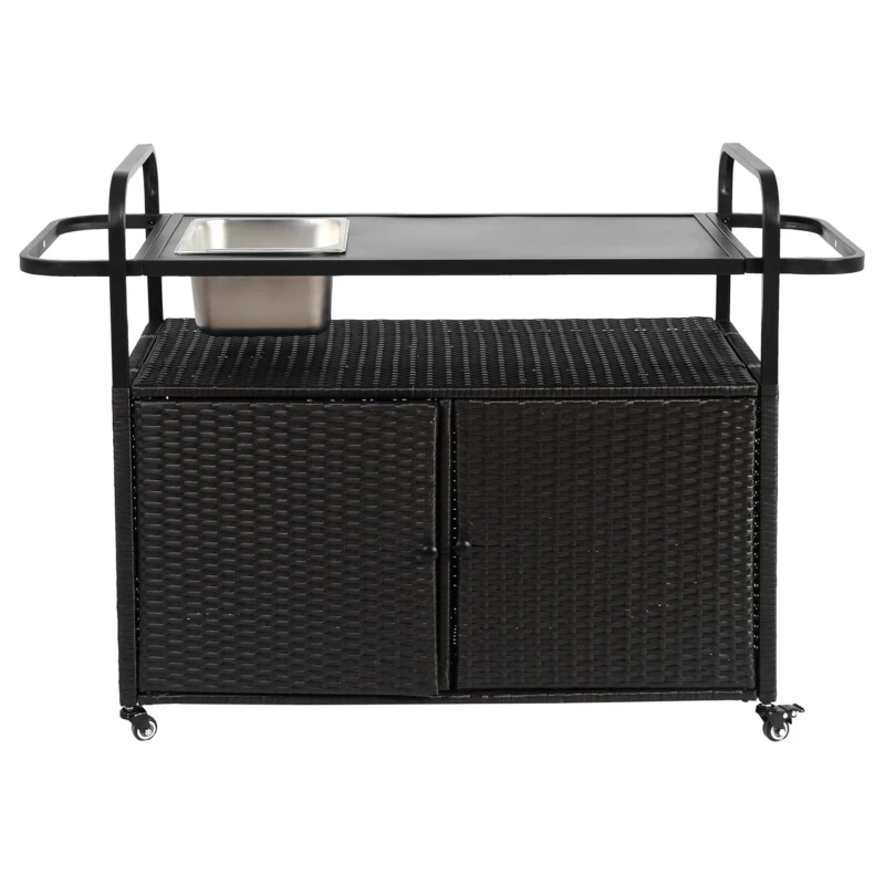Multifunctional Outdoor Bar Table with Lockable Wheels, Ice Bucket, Side Basket, Wicker Bar Cart with Cabinet, 51.5" L x 19.5" W x 36" H, Black