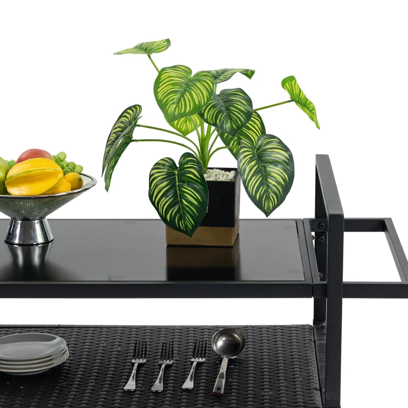 Outdoor Wicker Bar Cart with Glass Top and Wheels, Rolling Rattan Beverage Bar Counter Table for Porch, Backyard, Garden, Poolside Party, 51" L x 20" W x 35.5" H, Black