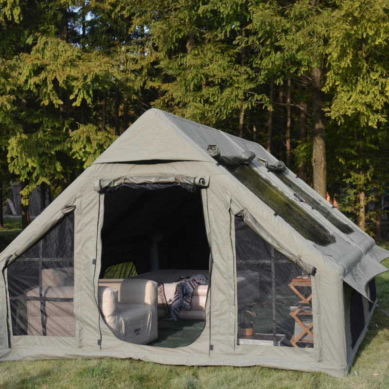 Inflatable Camping Tent with Hand Pump, Mesh and Chimney Window, Windproof Oxford Cabin Tent, 157.5" L x 118" W x 79" H, Army Green
