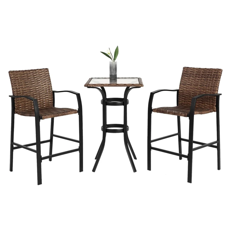 3-Piece Outdoor Bar Stools Set with Rattan Bar Chairs, Glass Table, Steel Frame, Perfect for Backyard, Garden, Pool, Balcony, Deck, Brown