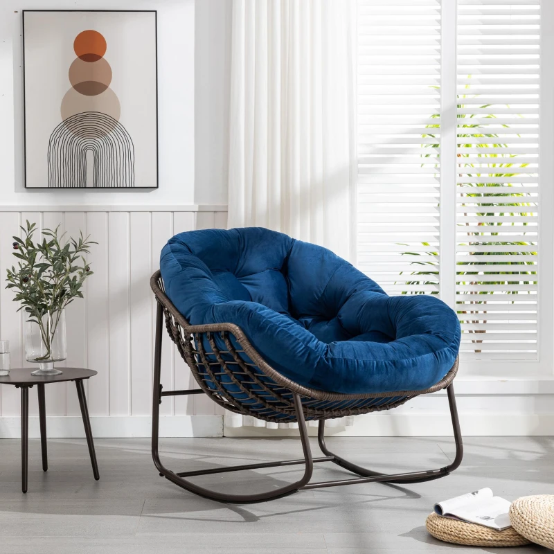 Outdoor Rattan Rocking Chair with Padded Cushion, Oversized Recliner for Porch, Patio, Garden, Steel Frame, 44" L x 37" W x 31.5" H, Navy Blue