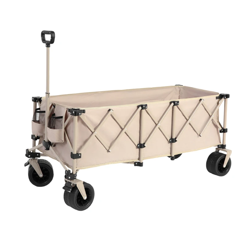 Foldable Extended Wagon with Big All-Terrain Beach Wheels, Heavy Duty 300L Utility Cart with Drink Holders, 53.5" L x 21" W x 40.5" H, Beige