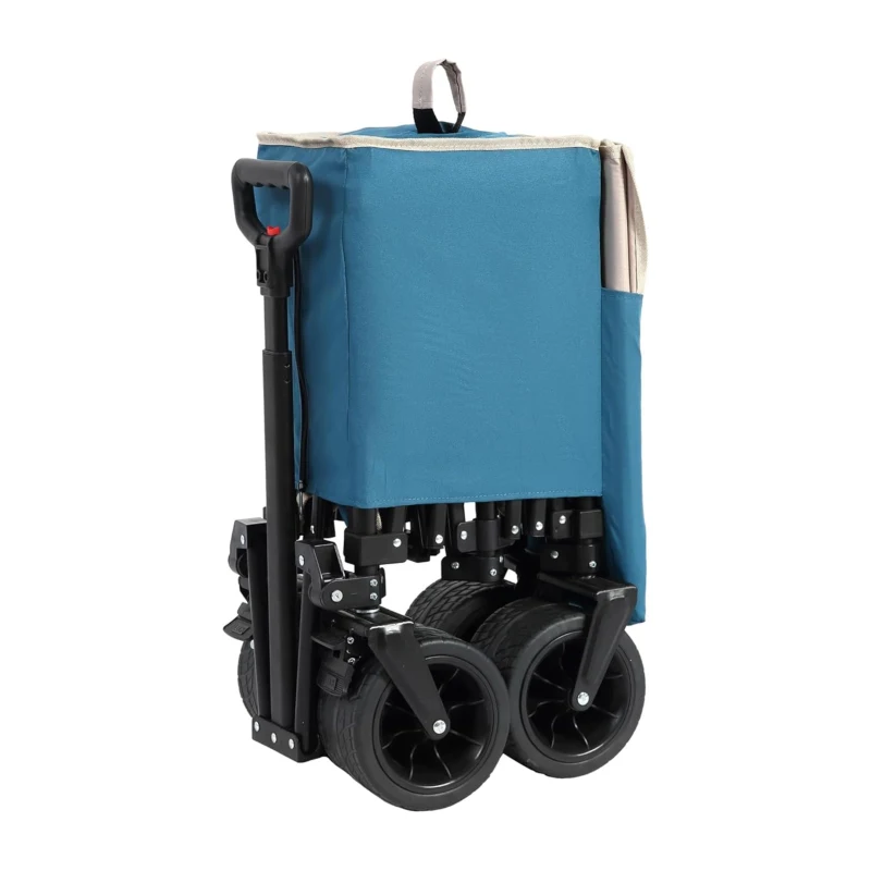 Collapsible Beach Wagon with All-Terrain Wheels, Automatic Rebound Handle, Utility Garden Cart with Drink Holders, 43" L x 21" W x 32.5" H, Blue