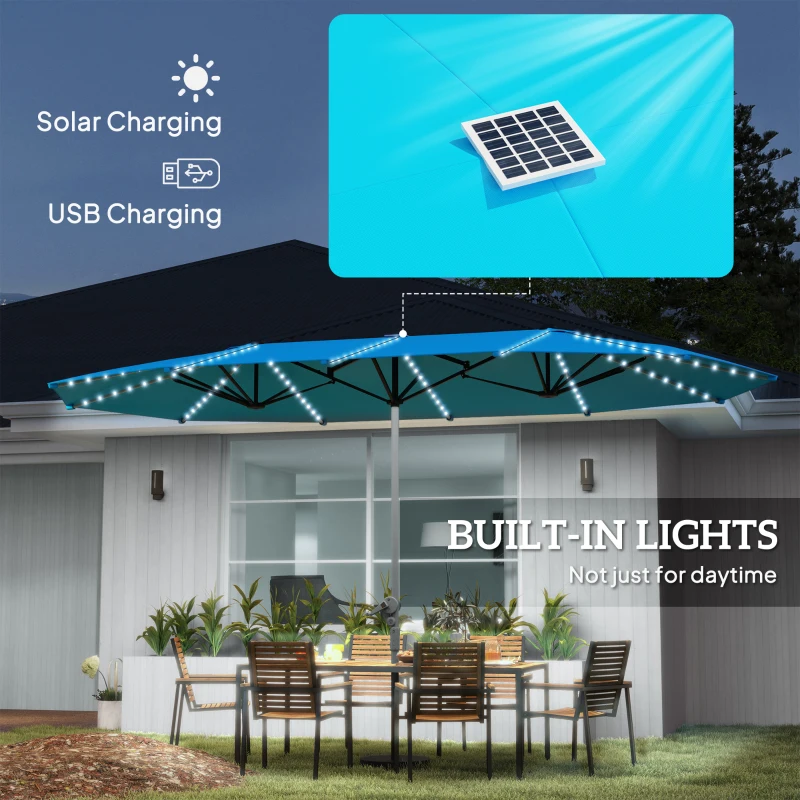 Outsunny 15ft Double-Sided Outdoor Umbrella with Solar Lights, UPF50+ Extra Large Aluminum Patio Umbrella with Crank, Blue