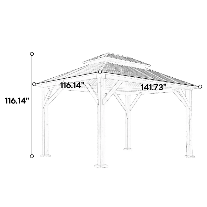 Fir Wood Carport Pavilion Gazebo with Double Roof, Netting for Patio, Wooden Coated Steel Frame Canopy, 142" L x 116" W x 116" H, Light Brown
